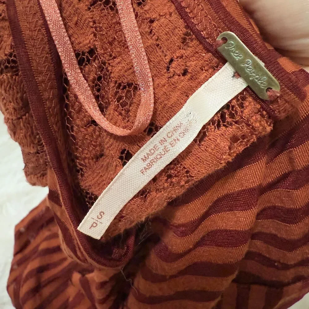 Free People Daydream Hi Low Lace Stripe Round Neck Tunic Burnt Orange Small